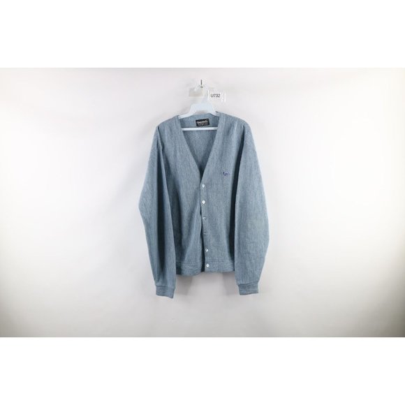 Vintage 60s Mens Large Cat Eye Button Knit Cardigan Sweater Heather Blue USA